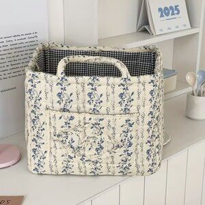French Floral Quilted Fabric Basket for Storage Organizer with Handles Blue Vine